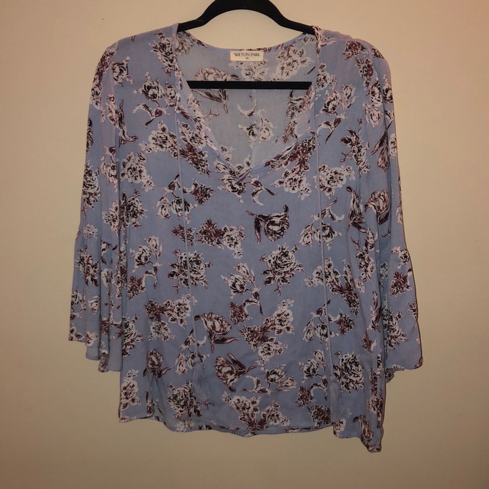 Blue Floral Blouse with Tassel